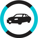 silhouette of a car in black surrounded by a black and blue circle.