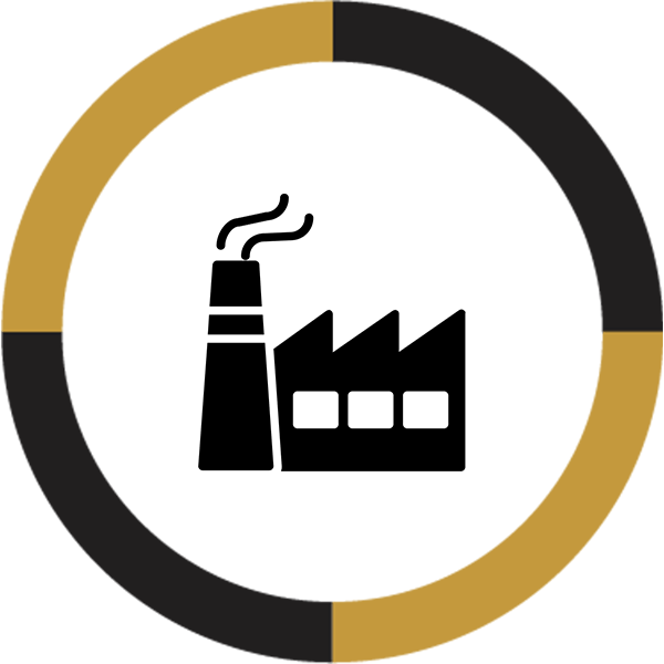 Circular icon with black and gold border featuring a black silhouette of a factory with a chimney