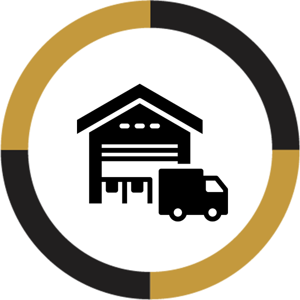 Circular icon with black and gold border featuring a black silhouette of a warehouse with a delivery truck.
